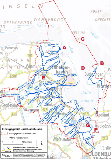 Karte Einzugsgebiet Jade/ Jadebusen zu Abb. A-G im Uhrzeigersinn  [Quelle: NLWKN]